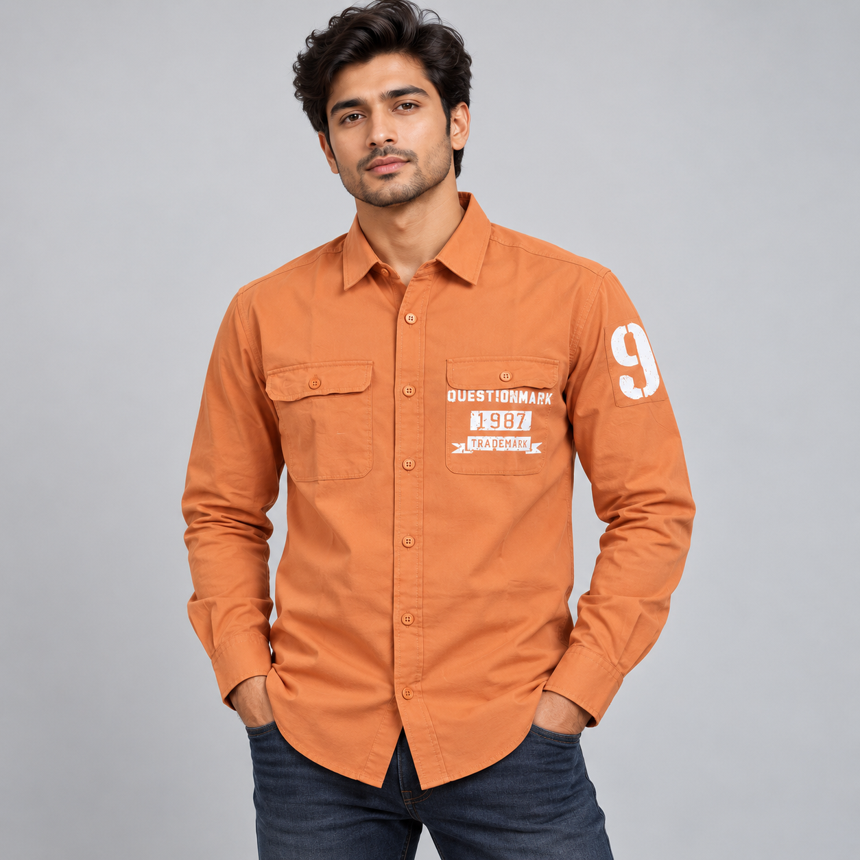 I Real Men's Burnt Orange Graphic Utility Casual Shirt | Statement Streetwear