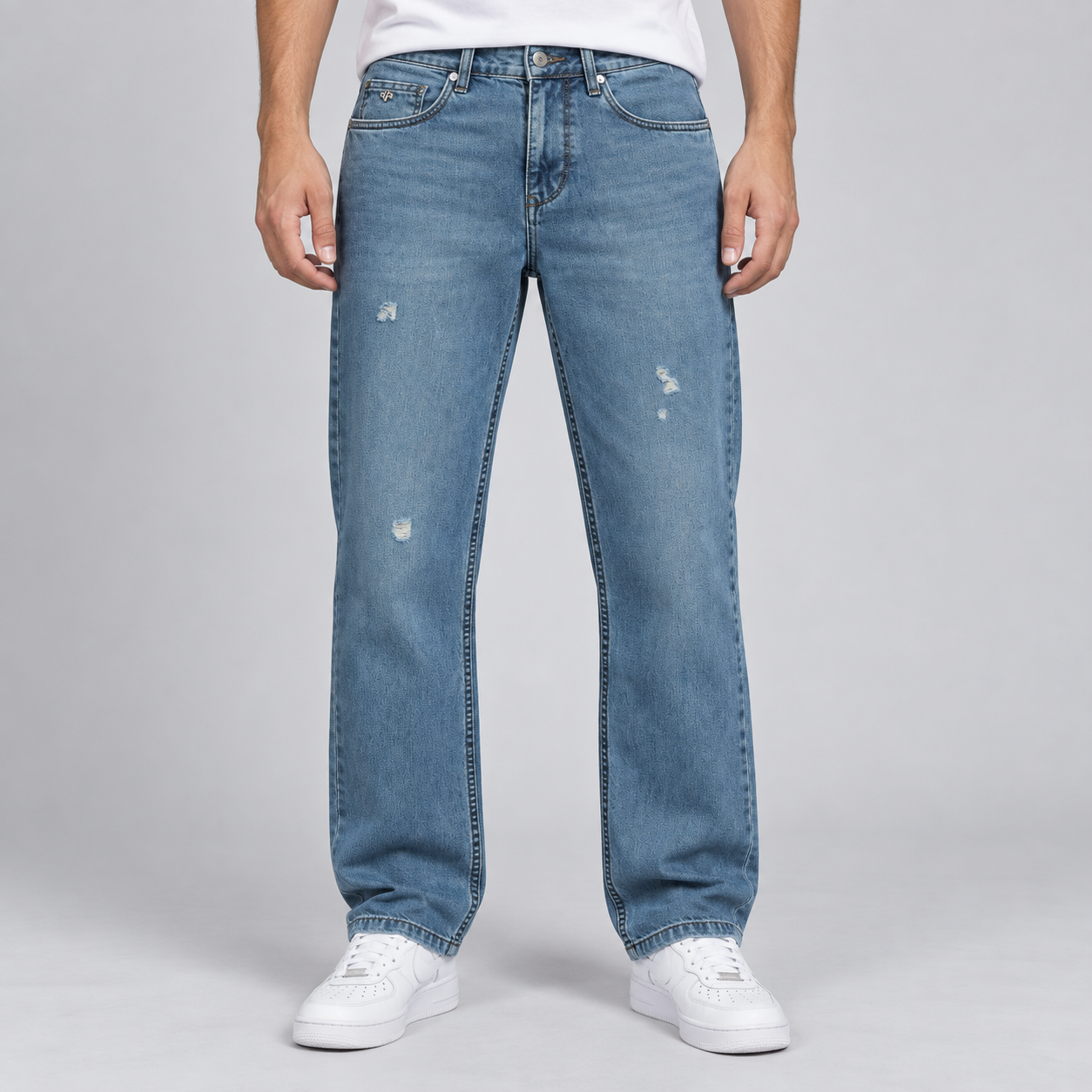 Nostrum Men's Light Blue Wash Baggy Fit Distressed Denim Jeans | Relaxed Street Style