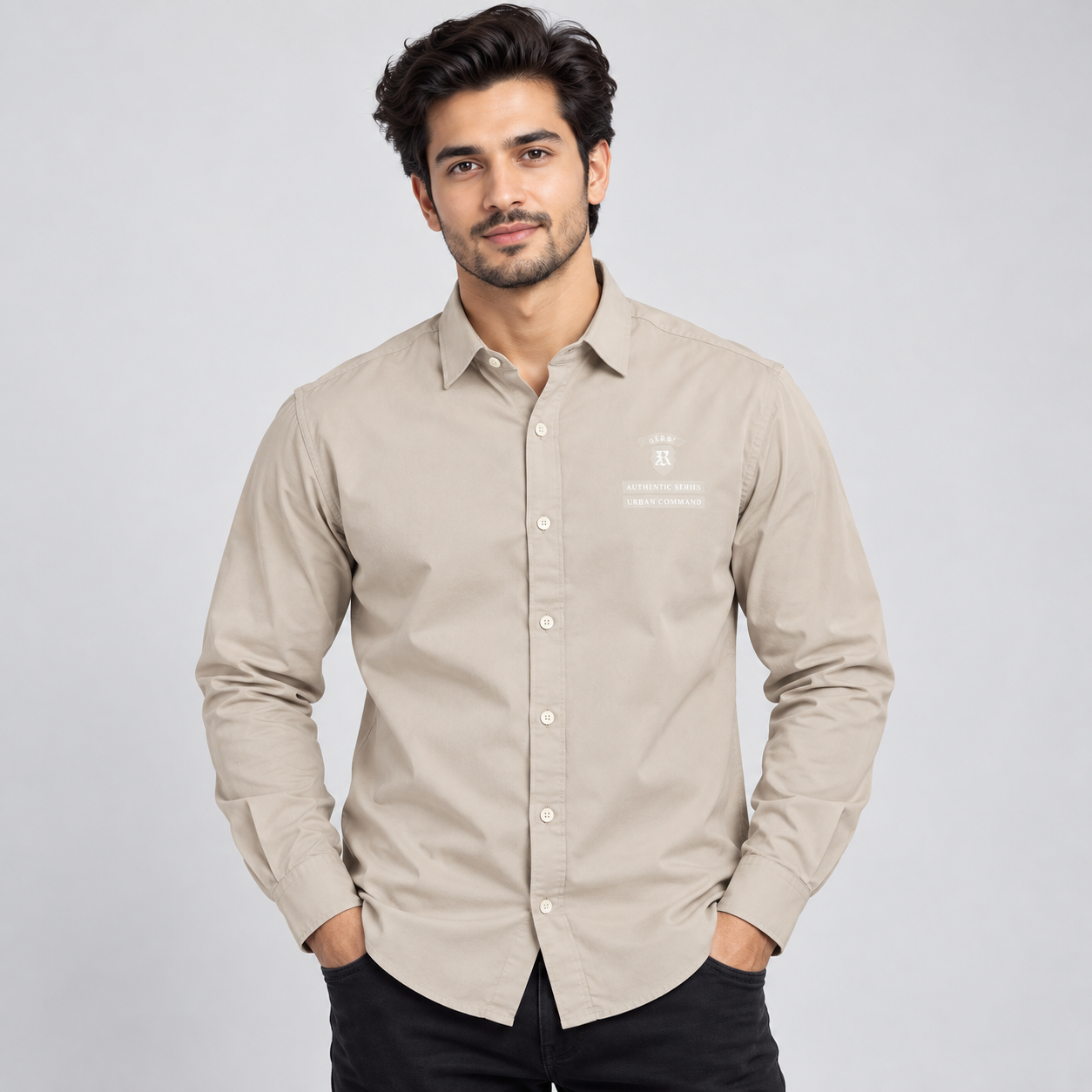 River Blue Men's Stone Beige Minimal Printed Casual Shirt | Easy Weekend Wear