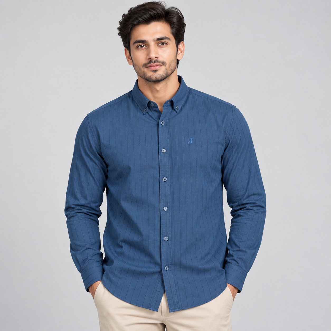 River Blue Men's Denim Blue Textured Regular Fit Casual Shirt | Versatile Daily Wear