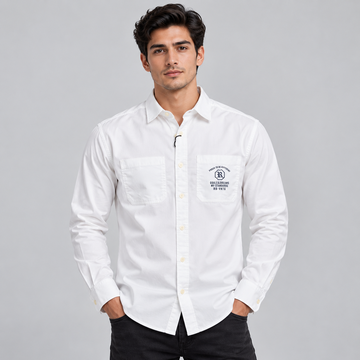 River Blue Men's White Badge Graphic Casual Shirt | Modern Everyday Wear