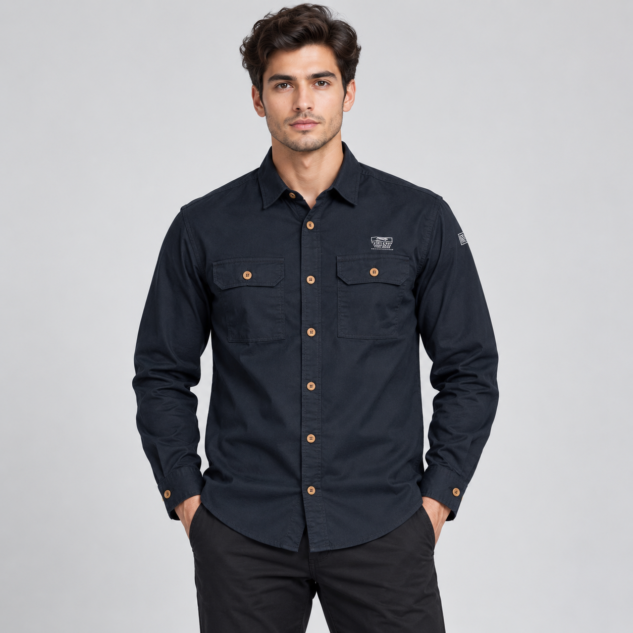 River Blue Men's Navy Blue Double-Pocket Casual Shirt | Modern Everyday Wear