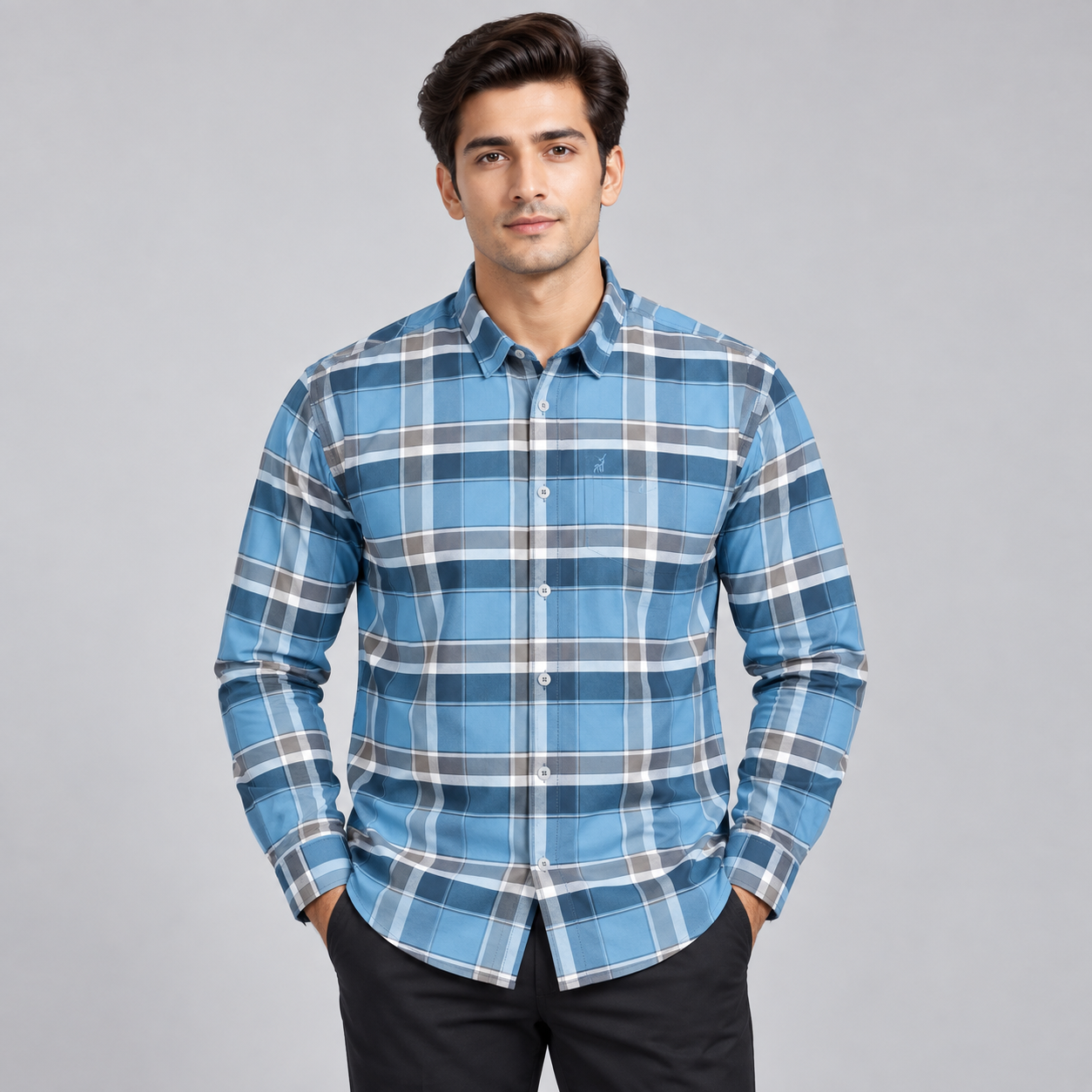 River Blue Men's Sky Blue and Brown Plaid Check Casual Shirt | Modern Weekend Wear