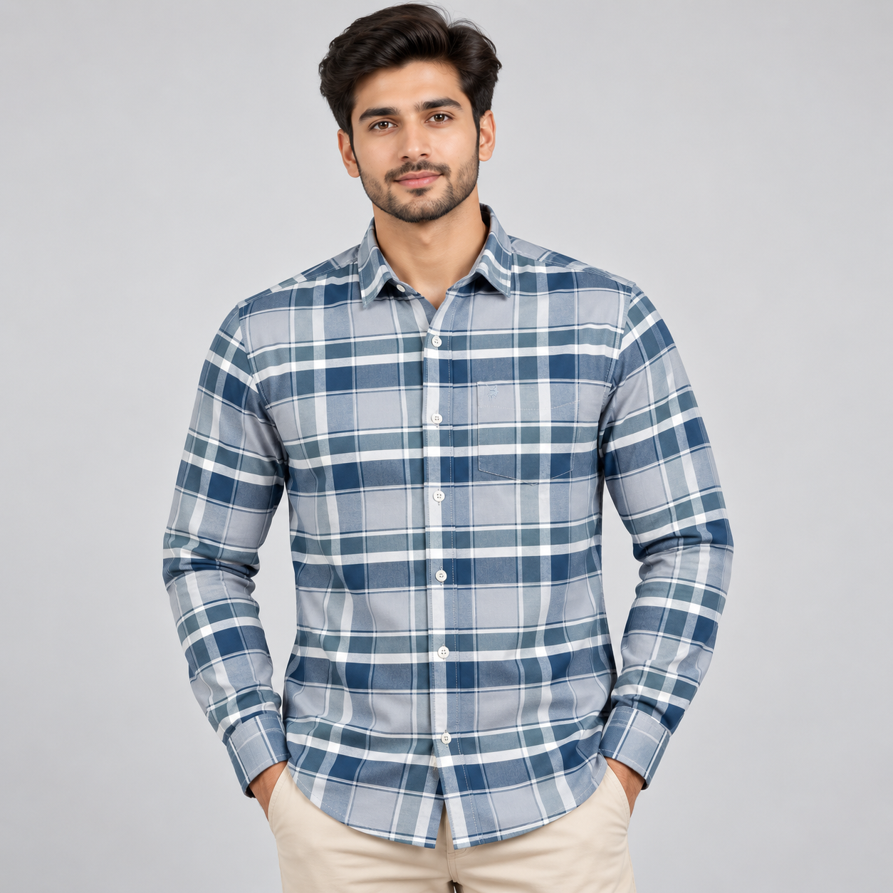 River Blue Men's Blue and Grey Plaid Check Casual Shirt | Easy Everyday Wear