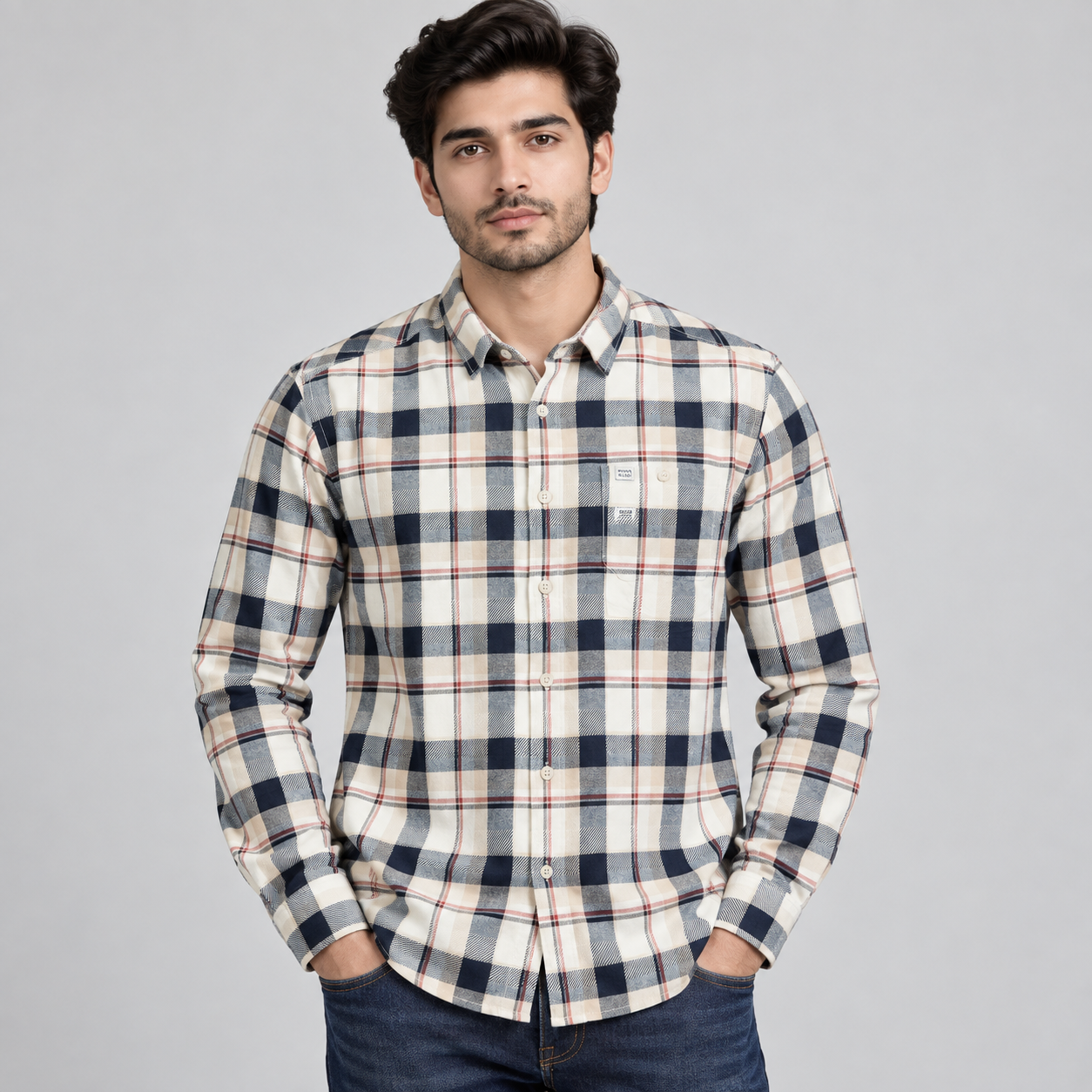 River Blue Men's Cream and Navy Plaid Check Casual Shirt | Versatile Everyday Wear