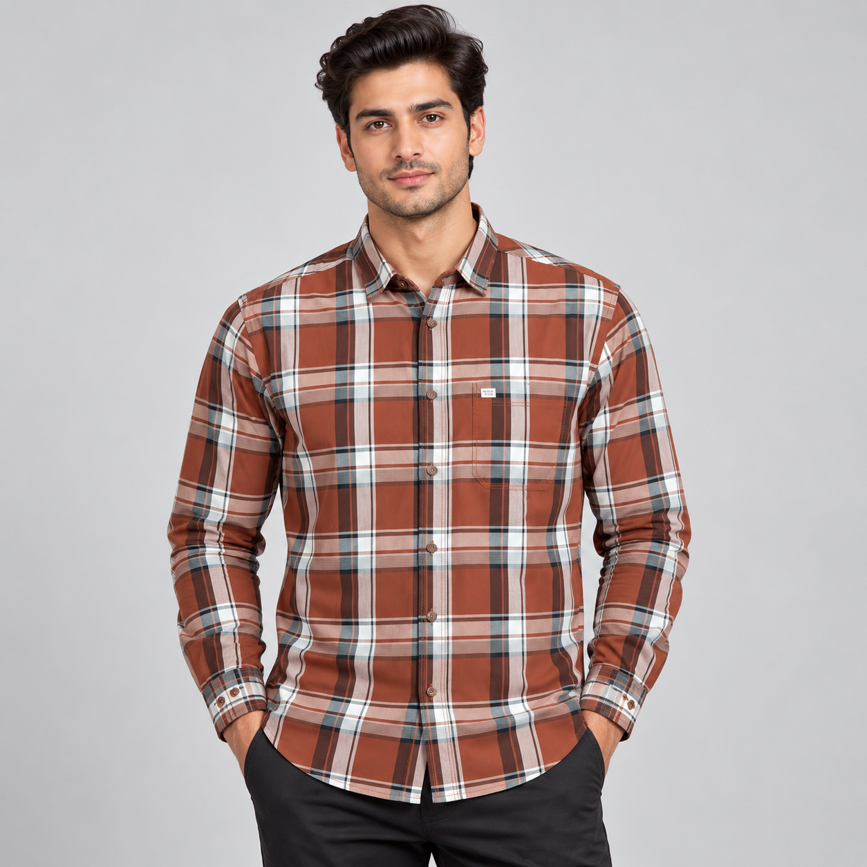River Blue Men's Rust and White Plaid Check Casual Shirt | Relaxed Weekend Wear