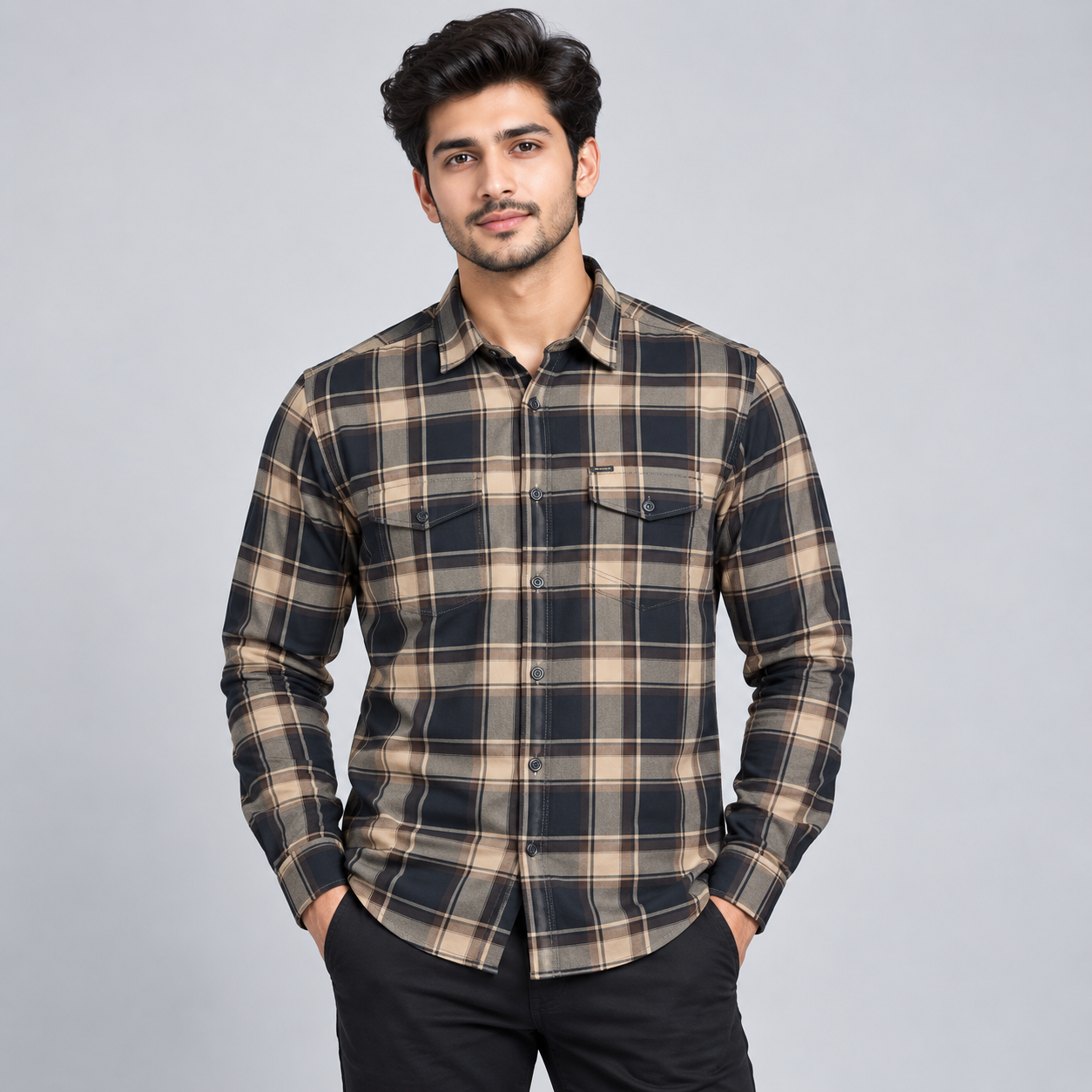 River Blue Men's Black and Beige Plaid Check Casual Shirt | Versatile Everyday Wear