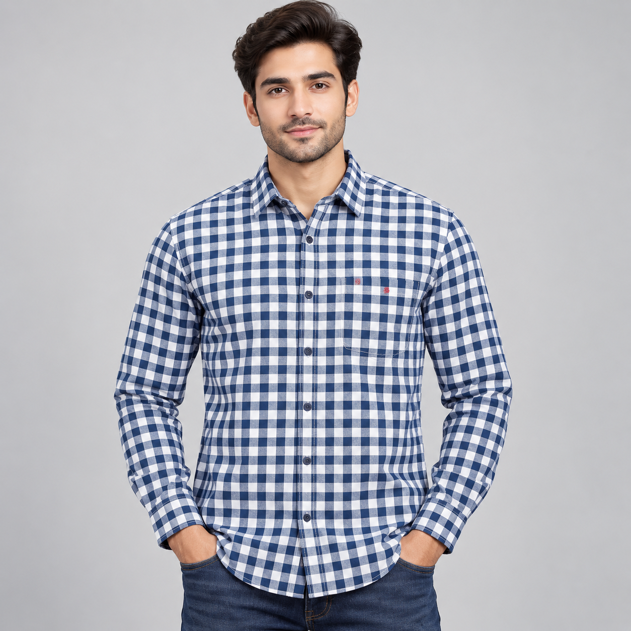 River Blue Men's Blue and White Gingham Check Casual Shirt | Smart Everyday Wear