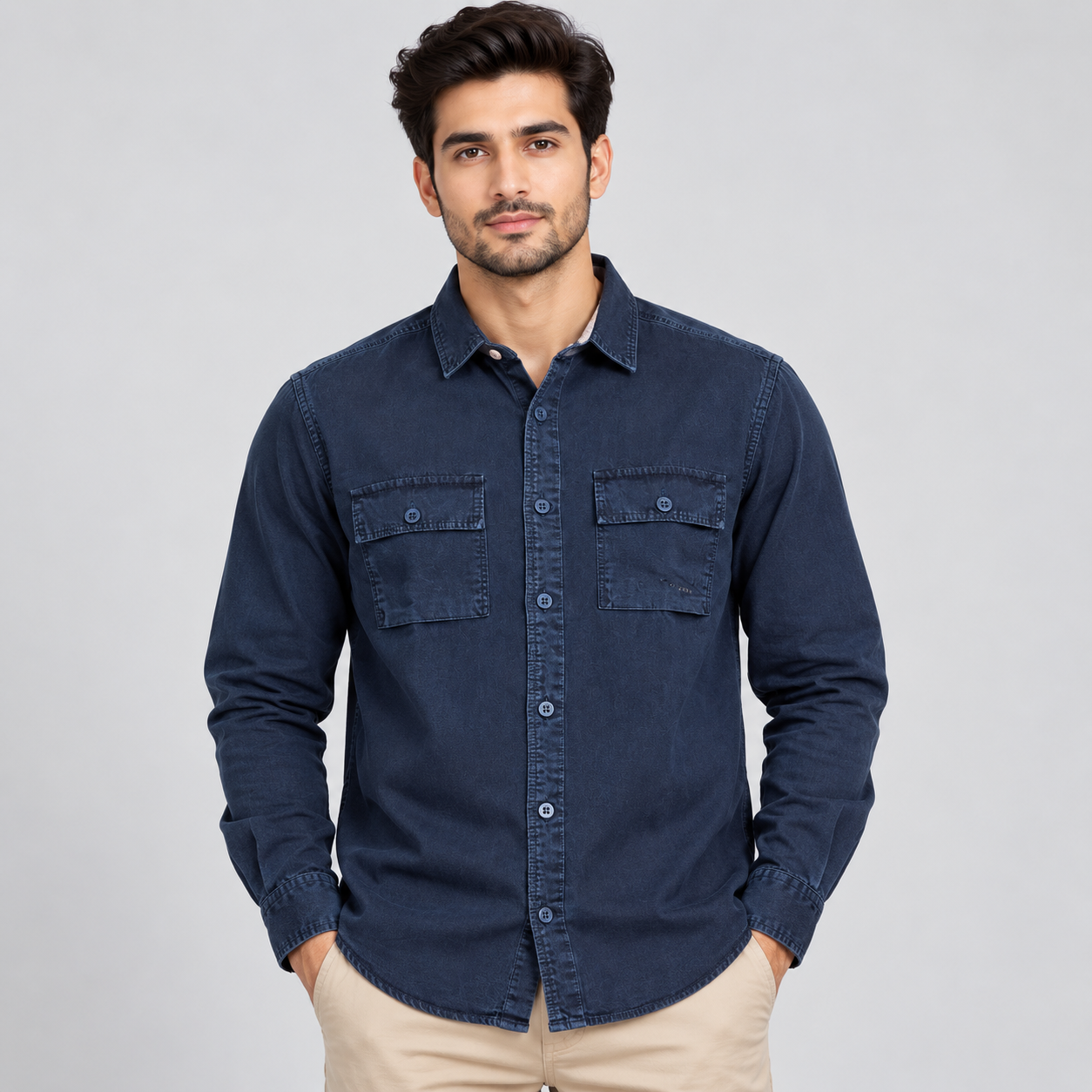 River Blue Men's Dark Indigo Dark Wash Double-Pocket Denim Shirt | Smart Casual Wear