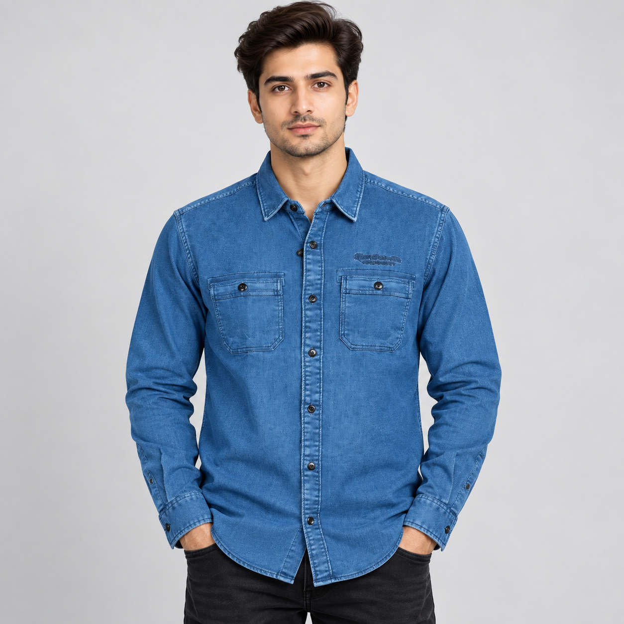 River Blue Men's Blue Denim Double-Pocket Denim Shirt | Classic Casual Wear