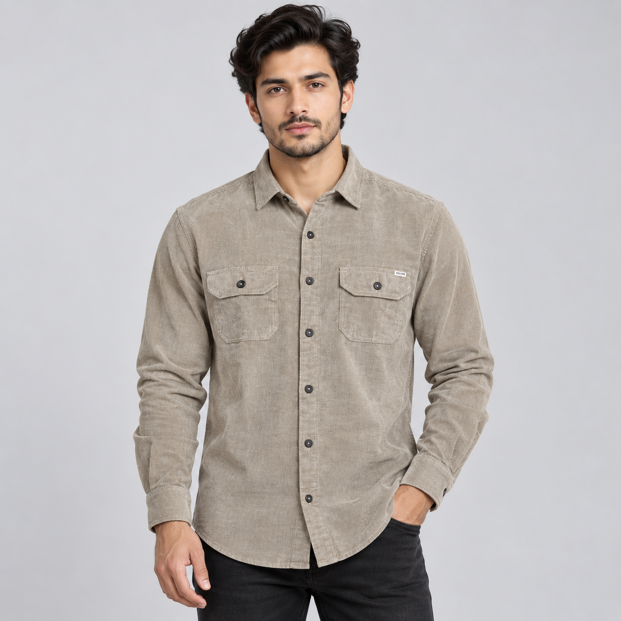 River Blue Men's Taupe Grey Textured Double-Pocket Casual Shirt | Refined Everyday Wear