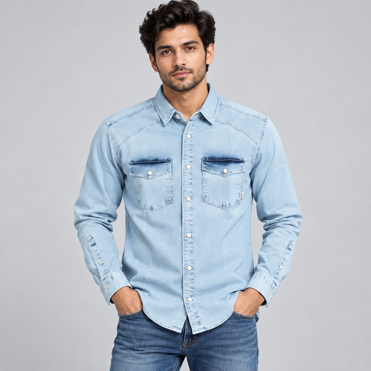 River Blue Men's Light Blue Denim Washed Double-Pocket Denim Shirt | Modern Casual Wear