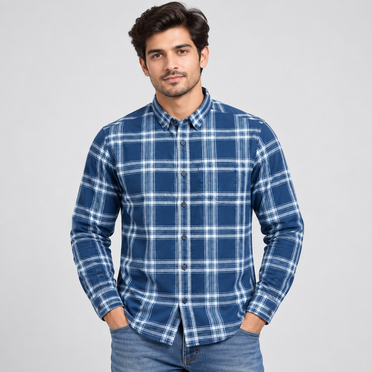 River Blue Men's Navy and White Plaid Check Casual Shirt | Timeless Everyday Wear