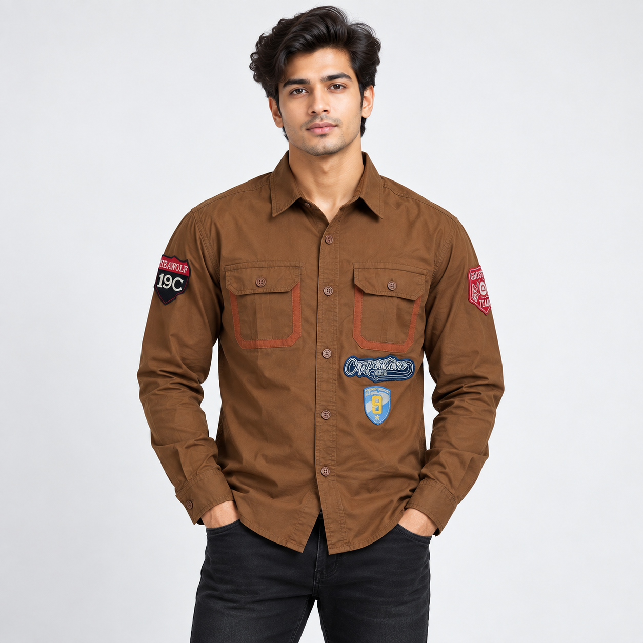 Copper Stone Men's Brown Patchwork Utility Casual Shirt | Statement Streetwear