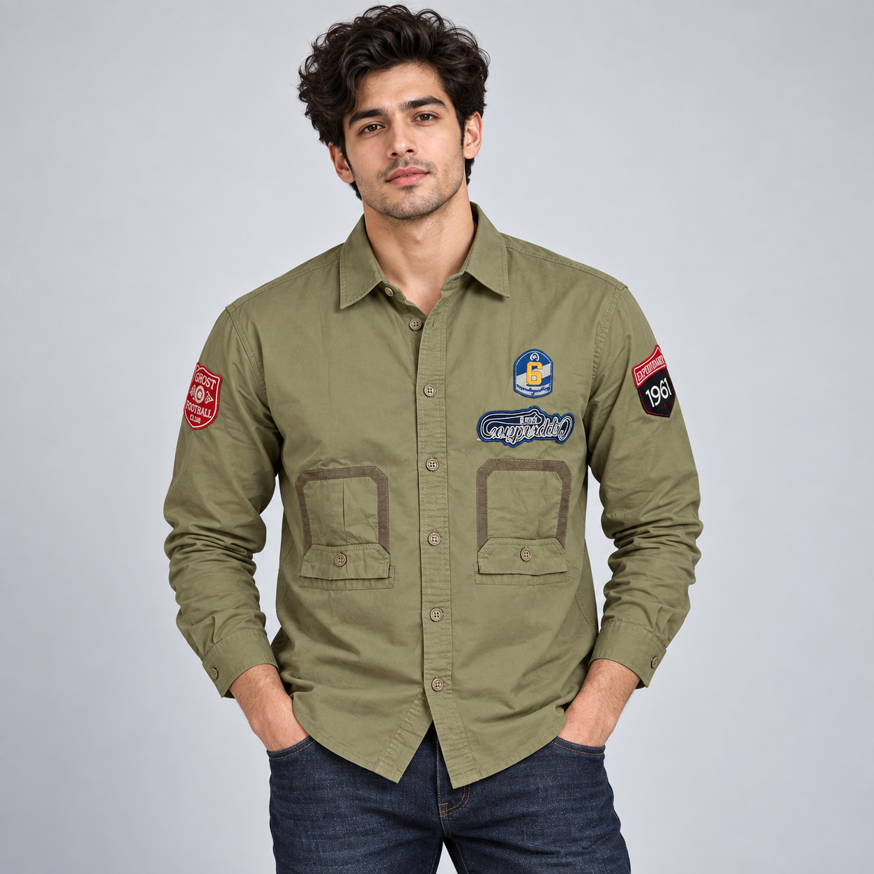 Copper Stone Men's Olive Green Patch Detail Casual Shirt | Rugged Everyday Wear
