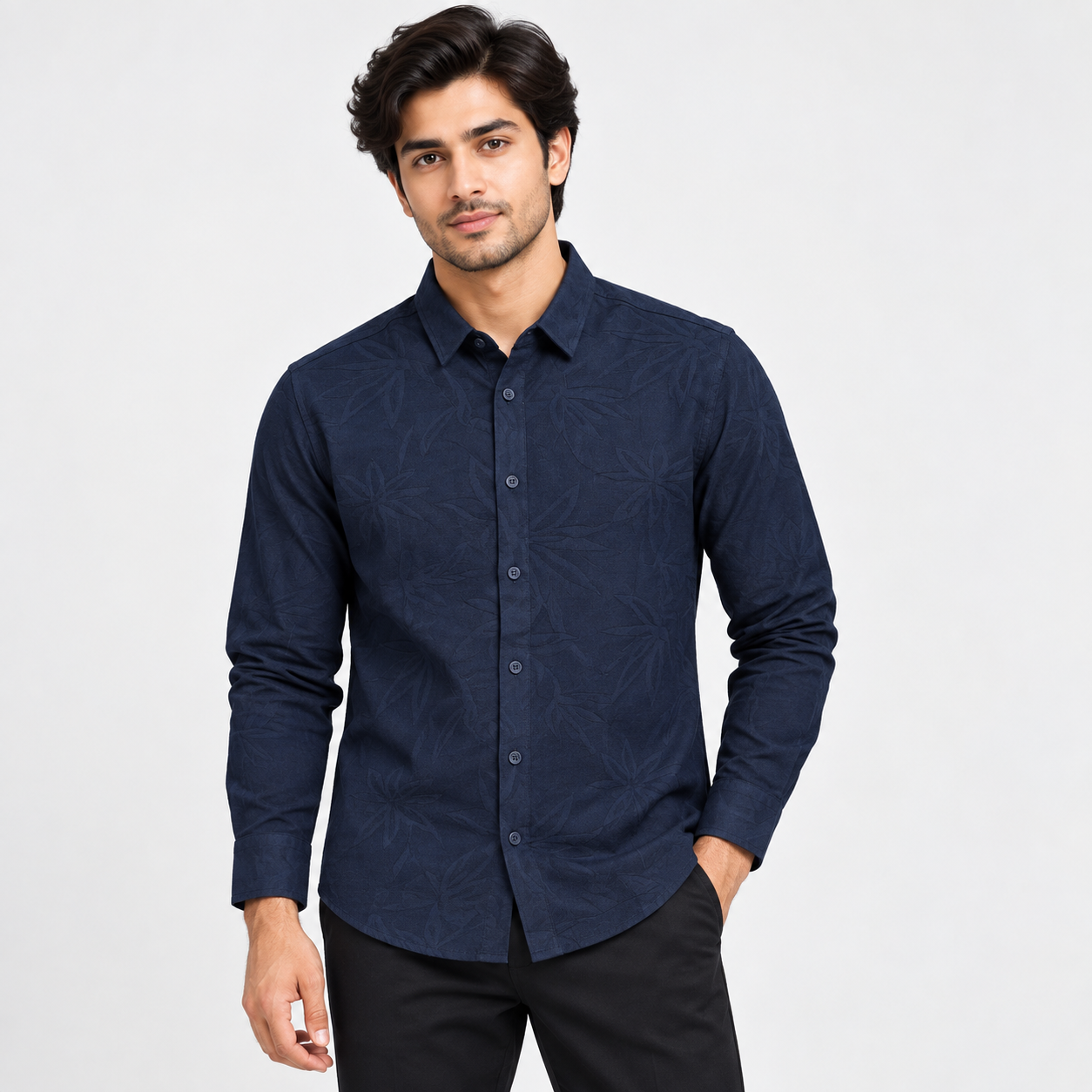Copper Stone Men's Navy Blue Tonal Printed Casual Shirt | Refined Evening Wear