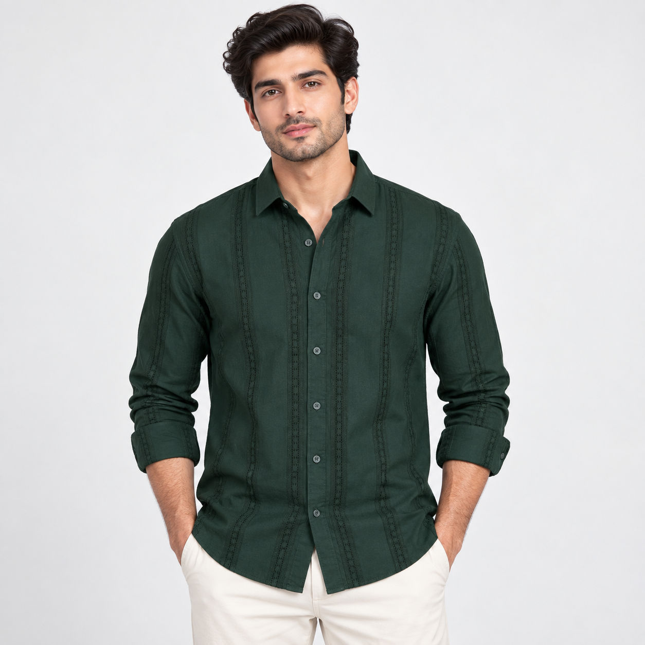 Copper Stone Men's Forest Green Tonal Textured Casual Shirt | Smart Everyday Wear