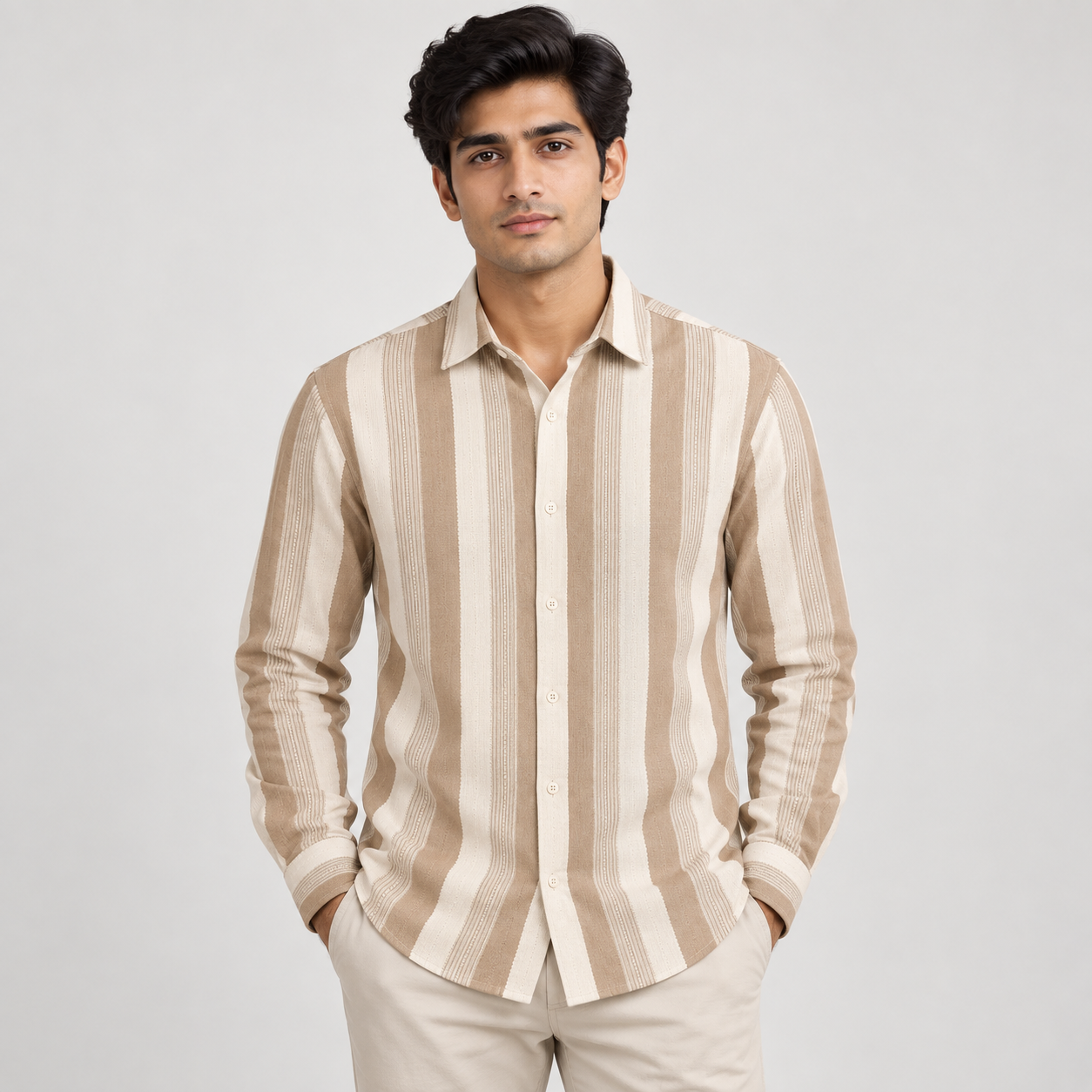 Copper Stone Men's Beige and Cream Striped Textured Casual Shirt | Refined Weekend Wear