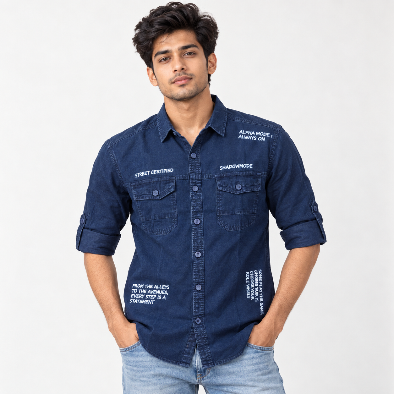Copper Stone Men's Navy Blue Typography Utility Casual Shirt | Urban Everyday Wear