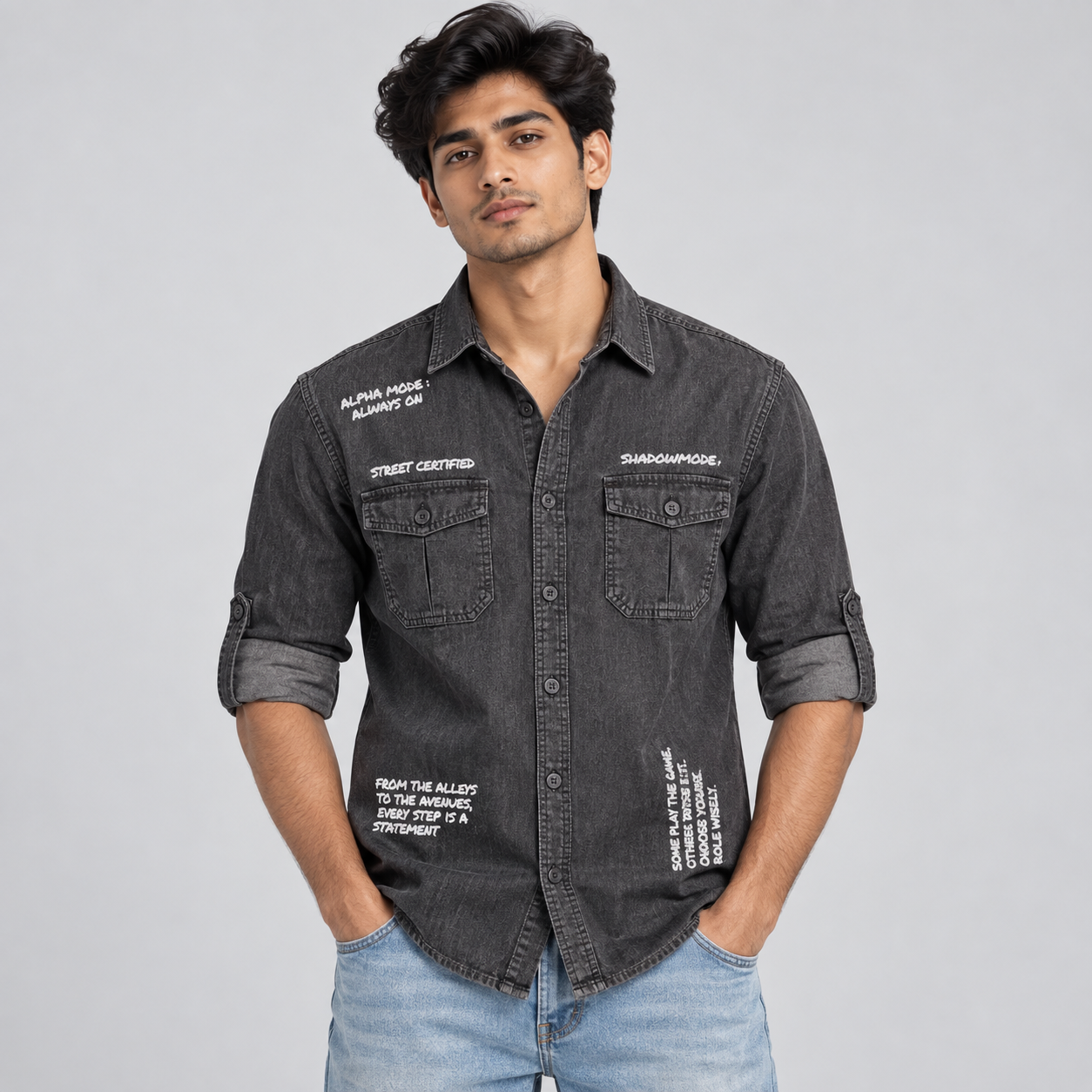 Copper Stone Men's Charcoal Grey Typography Utility Casual Shirt | Urban Everyday Wear
