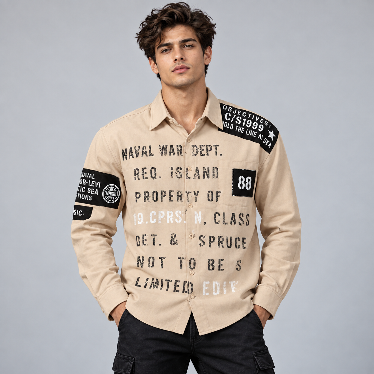 Copper Stone Men's Beige Military Graphic Casual Shirt | Vintage Streetwear