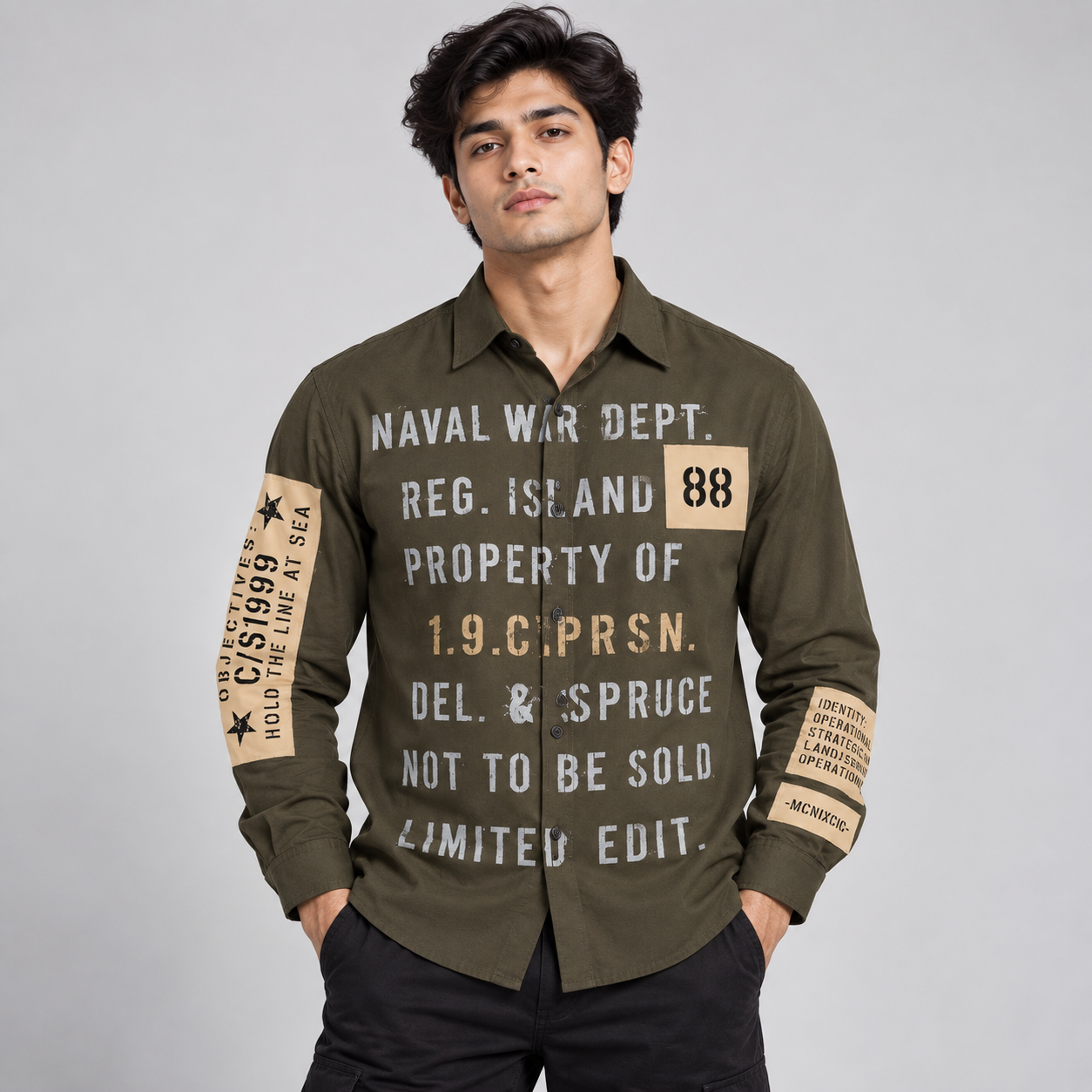 Copper Stone Men's Olive Green Military Typography Sleeve Patch Casual Shirt | Rugged Street Style