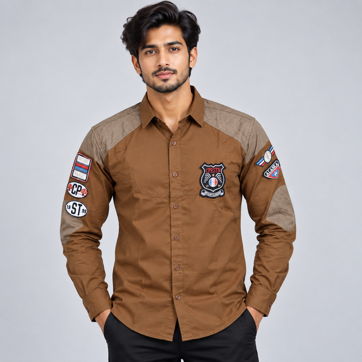 Copper Stone Men's Brown and Navy Badge Utility Casual Shirt | Rugged Street Style
