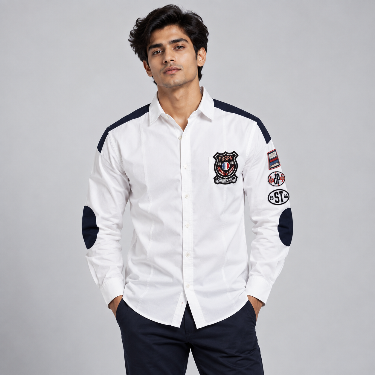 Copper Stone Men's White and Navy Badge Detail Casual Shirt | Sporty Everyday Wear