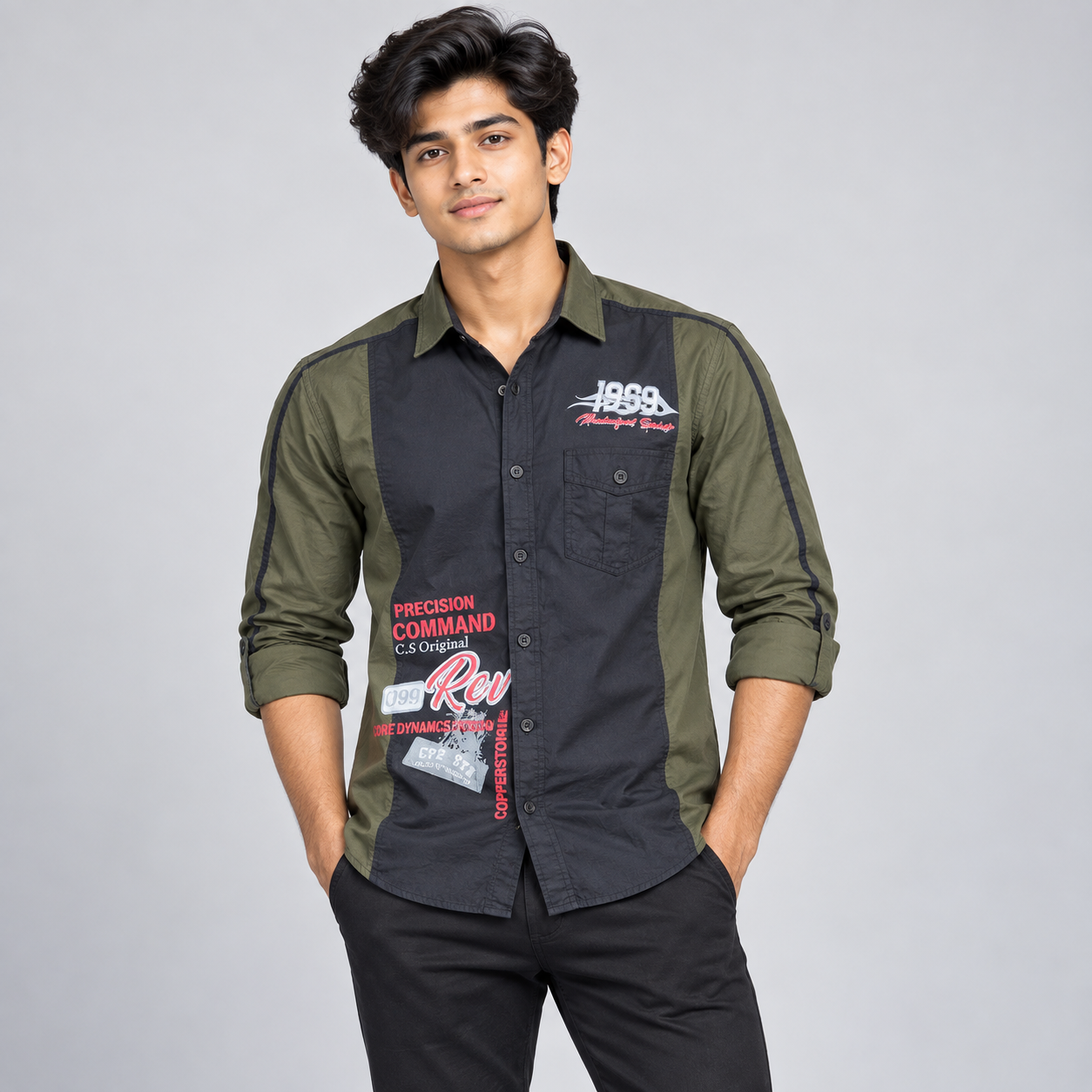 Copper Stone Men's Olive and Black Racing Colour-Block Casual Shirt | Sporty Streetwear
