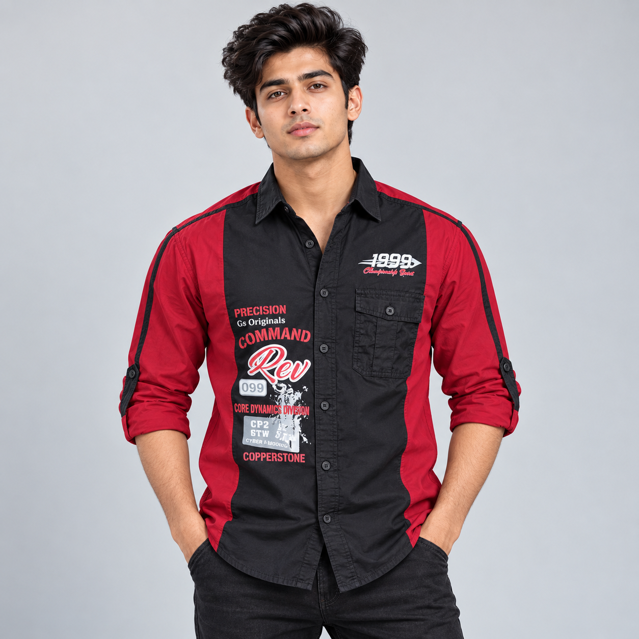 Copper Stone Men's Red and Black Racing Colour-Block Casual Shirt | Sporty Streetwear