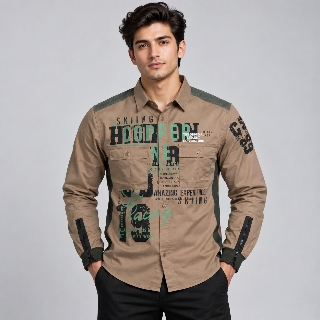 Copper Stone Men's Taupe Brown Typography Graphic Casual Shirt | Vintage Streetwear