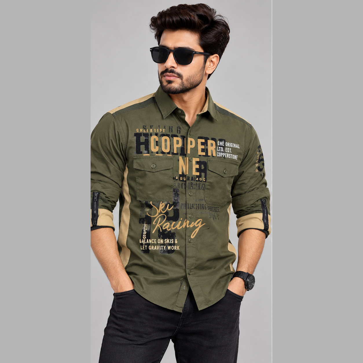 Copper Stone Men's Olive Green Military Graphic Casual Shirt | Rugged Street Style
