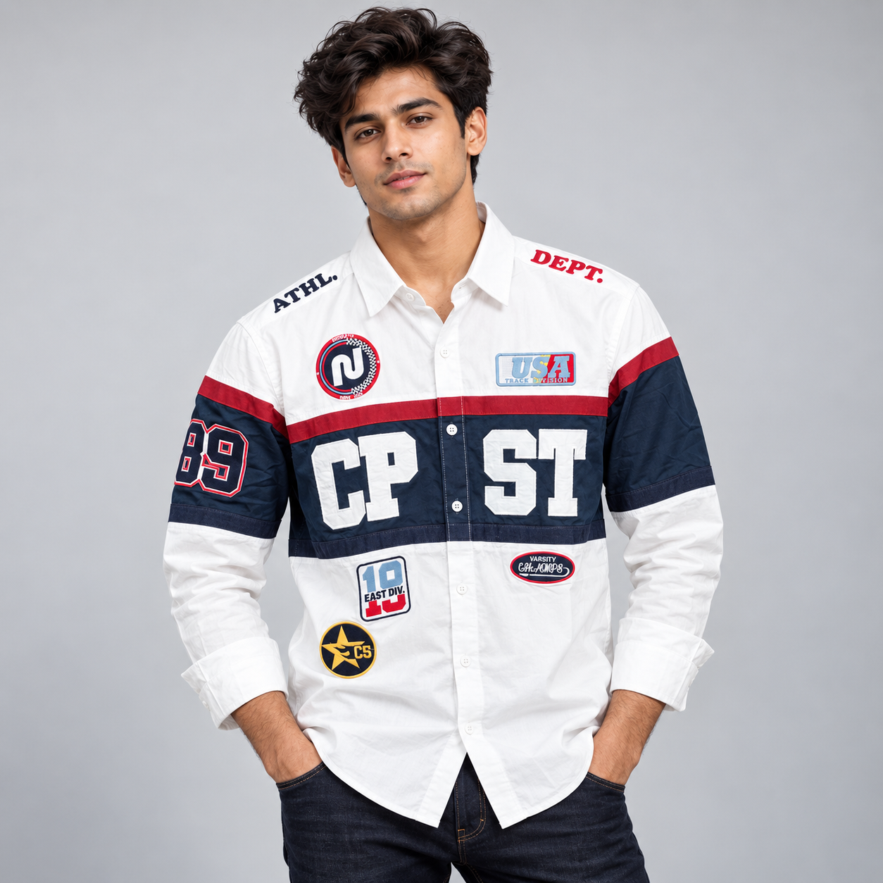 Copper Stone Men's White, Navy and Red Motorsport Colour-Block Casual Shirt | Racing-Inspired Streetwear