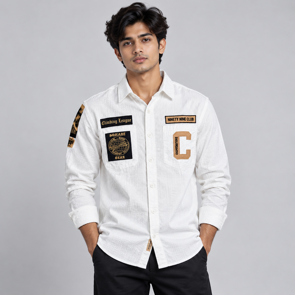 Copper Stone Men's White Patchwork Casual Shirt | Modern Streetwear