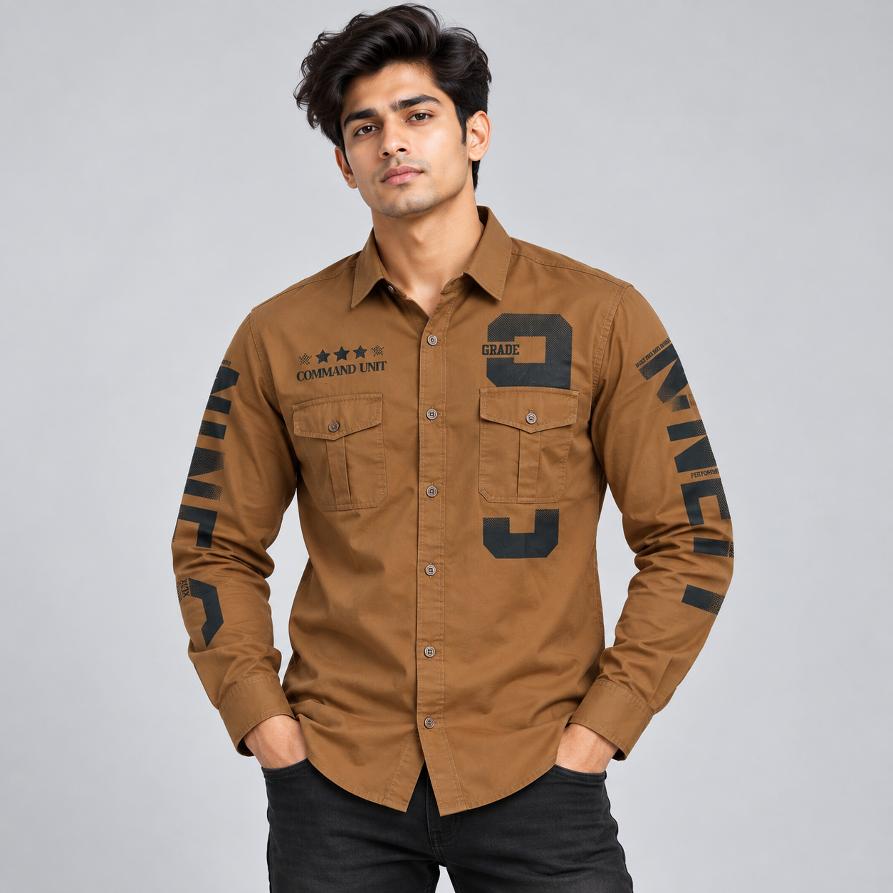 Copper Stone Men's Tan Brown Typography Patch Casual Shirt | Bold Urban Style