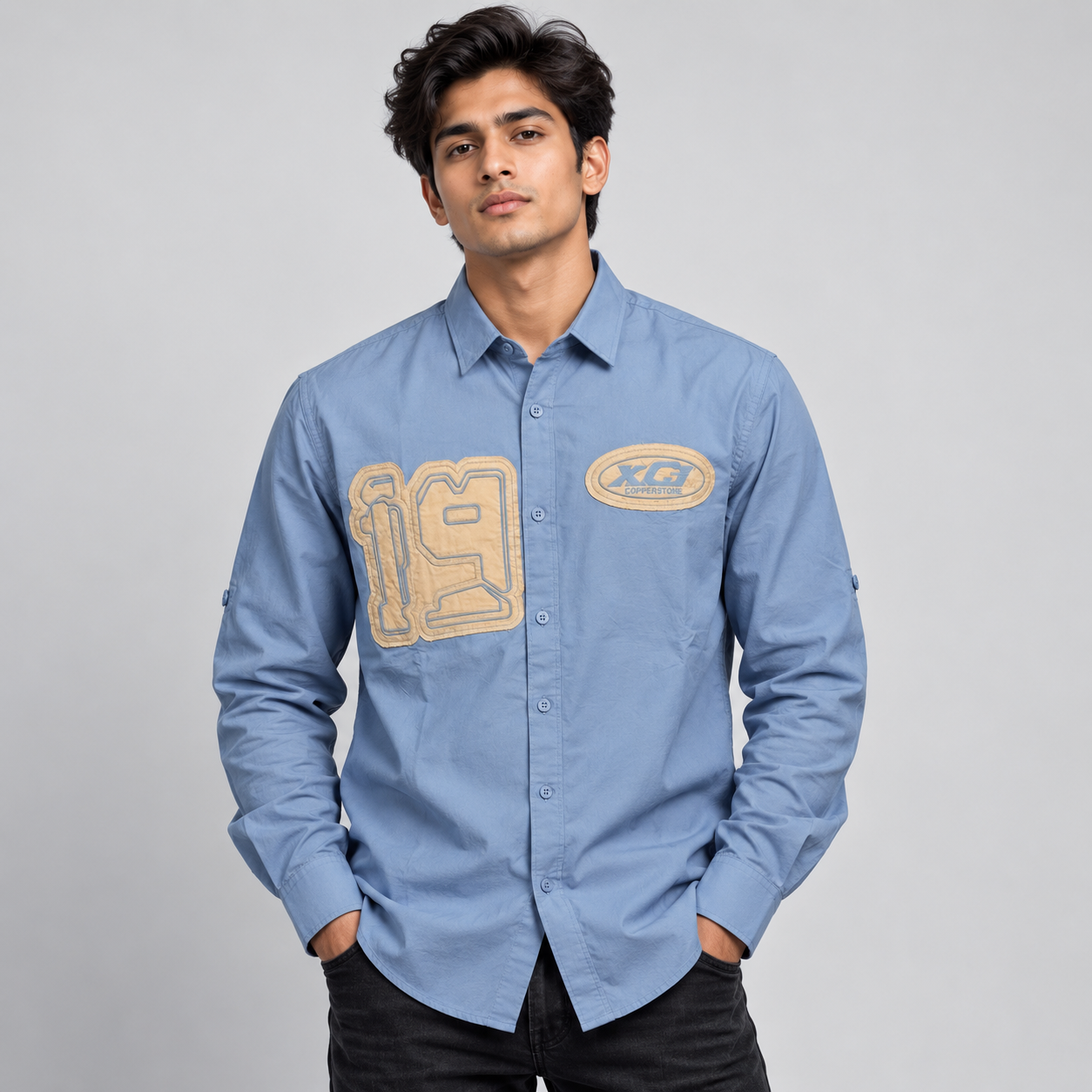 Copper Stone Men's Dusty Blue Varsity Patch Casual Shirt | Statement Streetwear