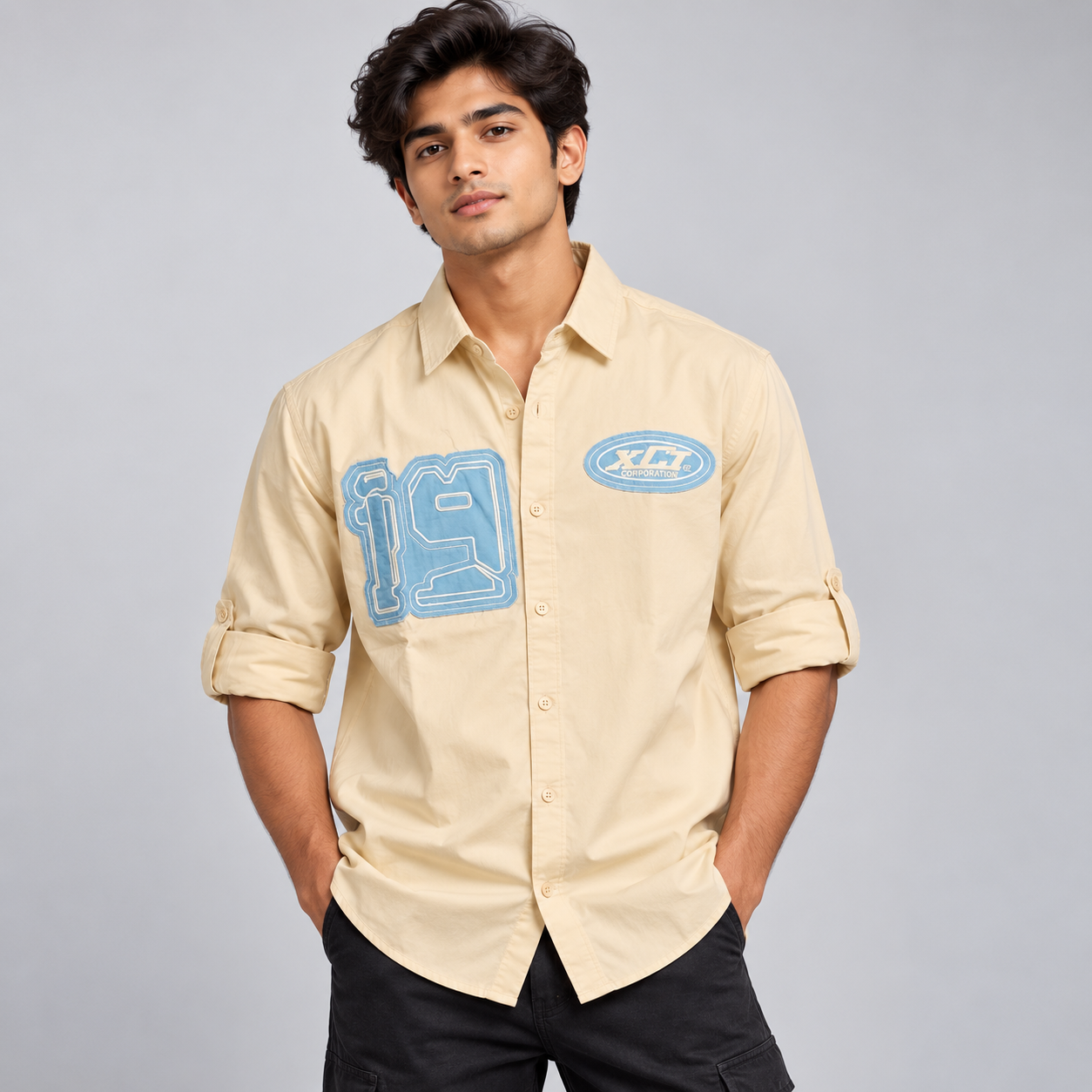 Copper Stone Men's Beige Varsity Patch Casual Shirt | Statement Streetwear