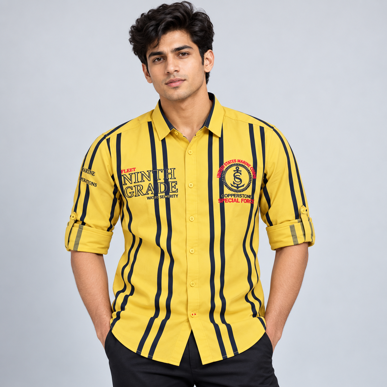 Copper Stone Men's Yellow and Navy Striped Badge Casual Shirt | Statement Casual Wear