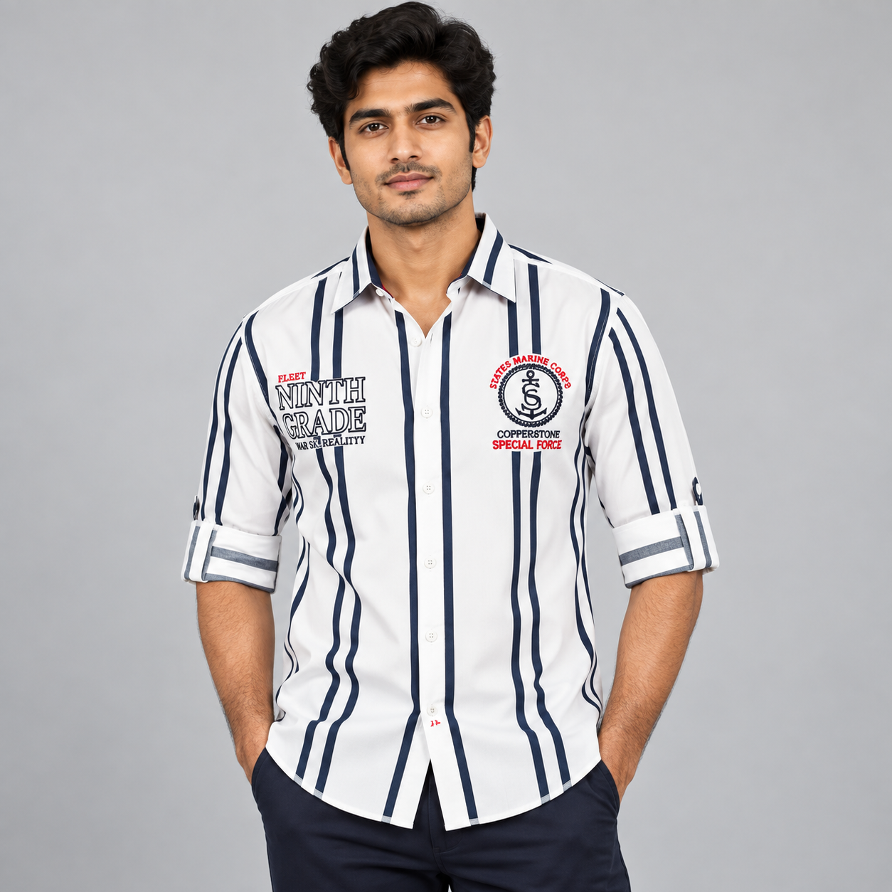 Copper Stone Men's White and Navy Striped Badge Casual Shirt | Sporty Everyday Wear