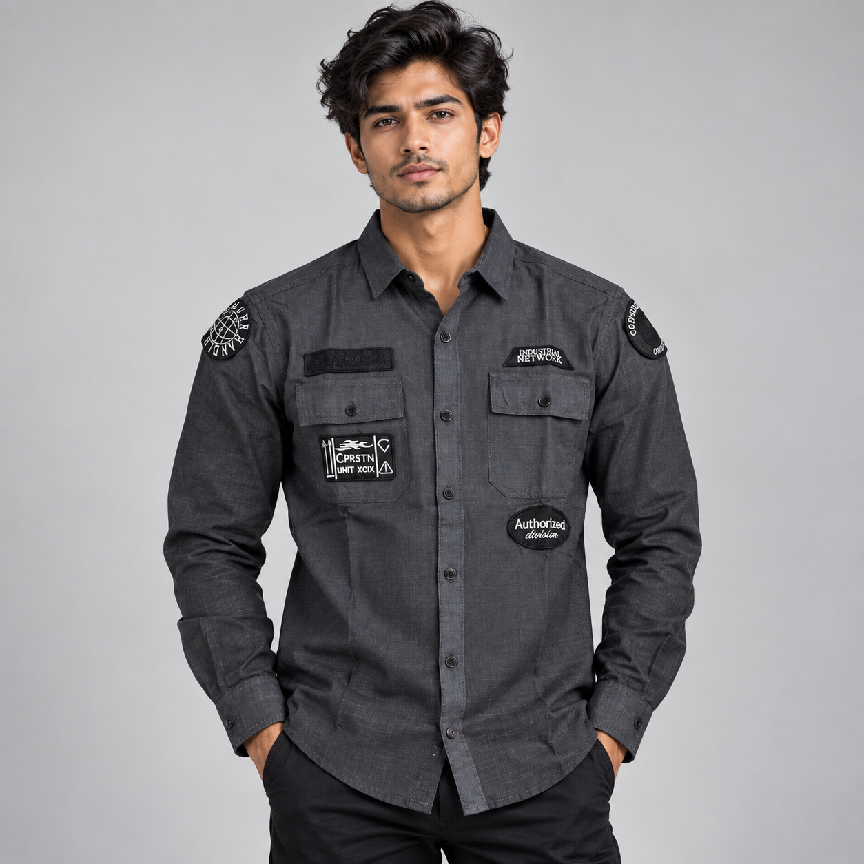 Copper Stone Men's Charcoal Grey Patchwork Utility Casual Shirt | Modern Streetwear