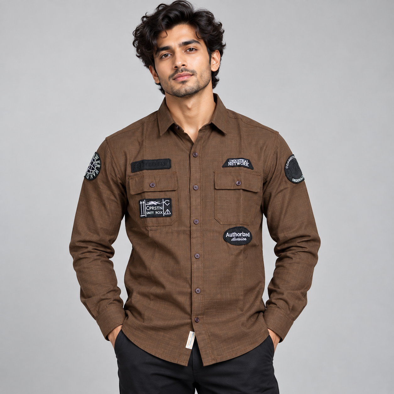Copper Stone Men's Brown Patchwork Utility Casual Shirt | Modern Streetwear