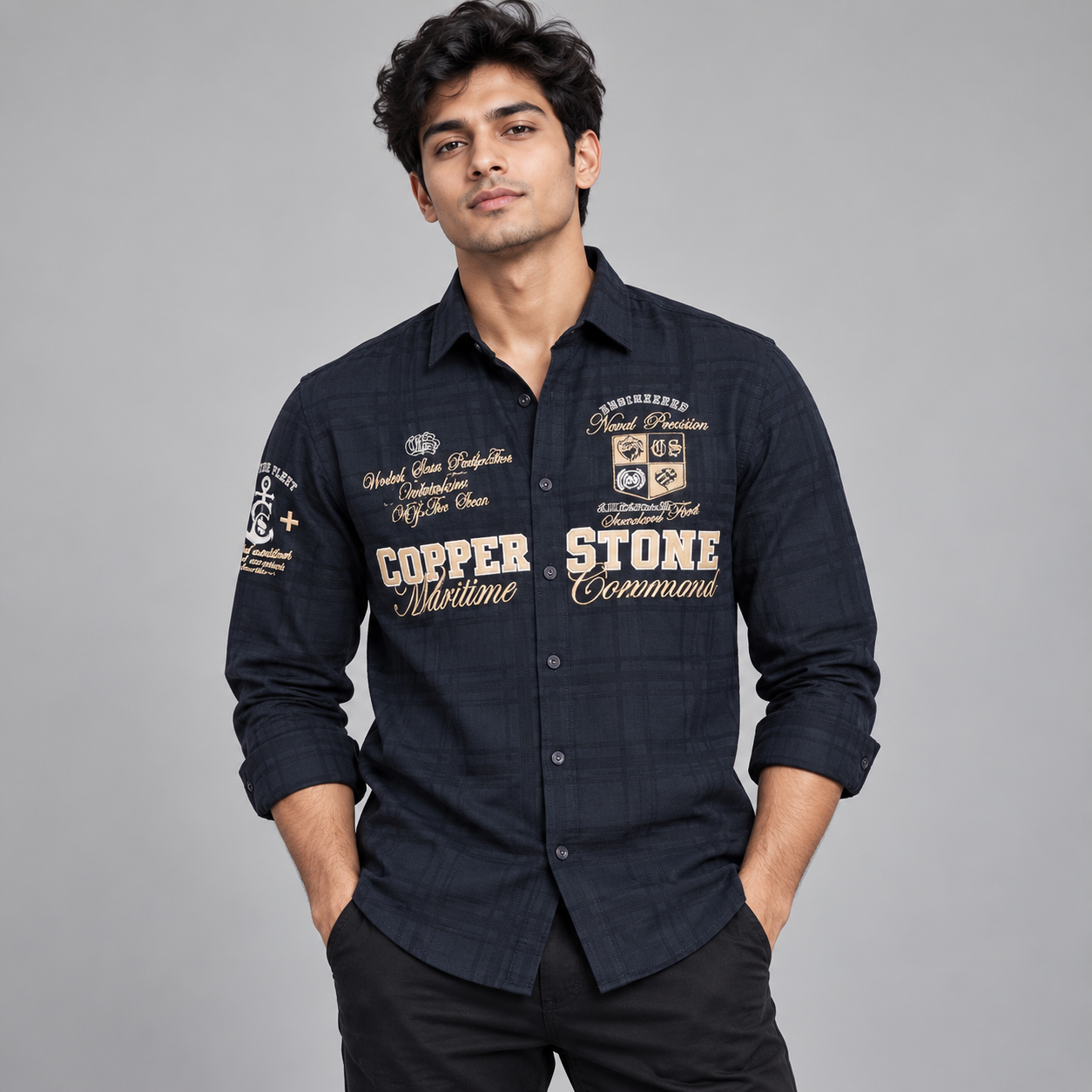 Copper Stone Men's Black Embroidered Badge Casual Shirt | Bold Streetwear