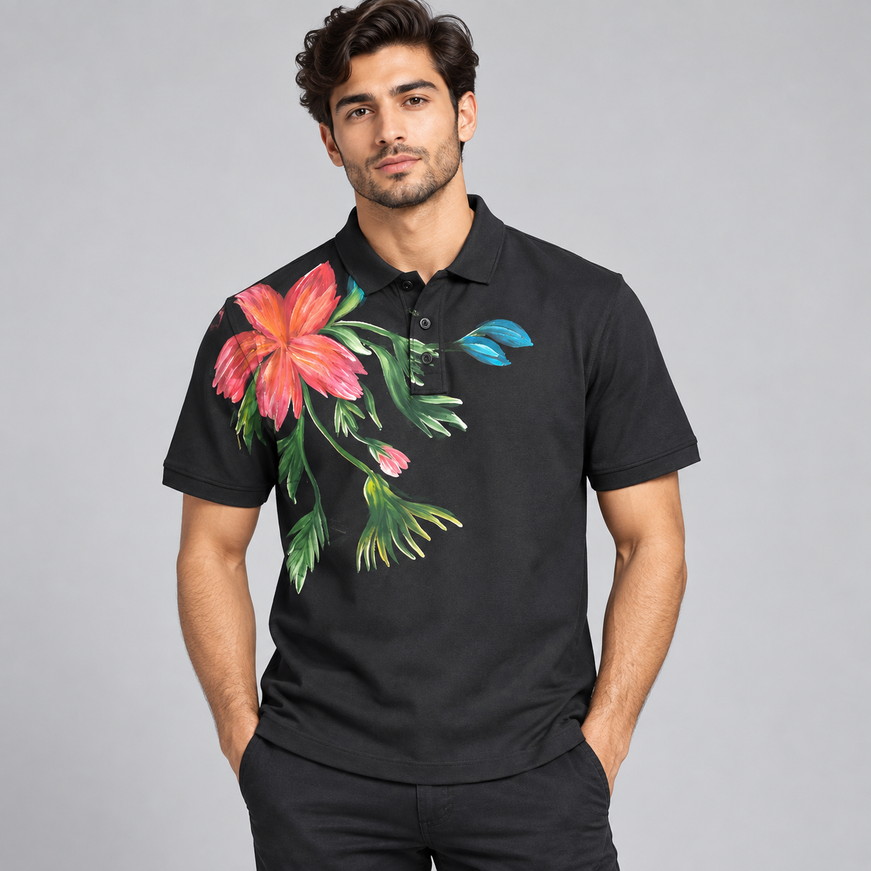 Copper Stone Men's Black Floral Graphic Polo T-Shirt | Statement Casual Wear