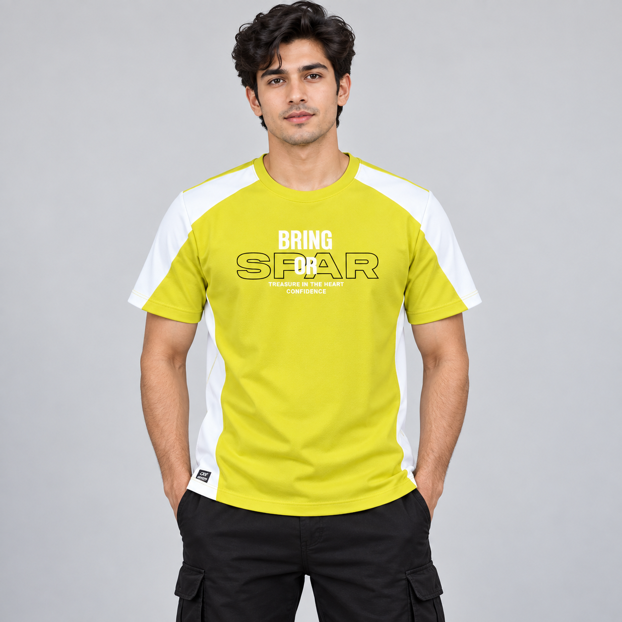 Cookyss Men's Neon Yellow and White Colour-Block Graphic T-Shirt | Sporty Street Style
