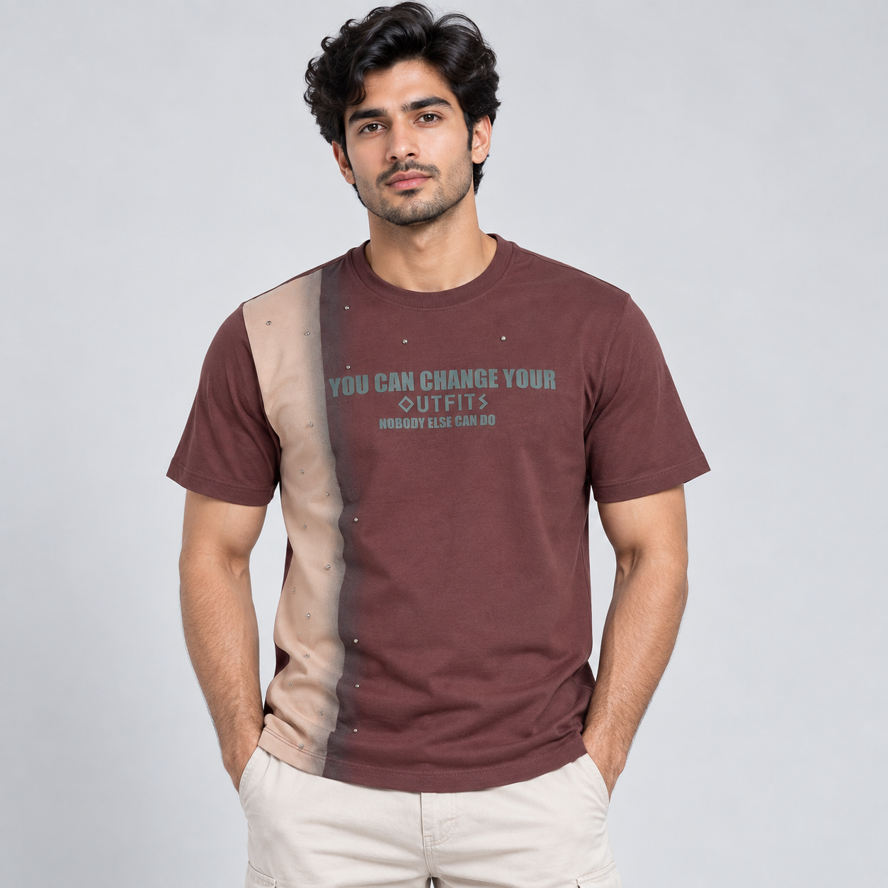 Cookyss Men's Maroon and Beige Colour-Block Graphic T-Shirt | Statement Streetwear