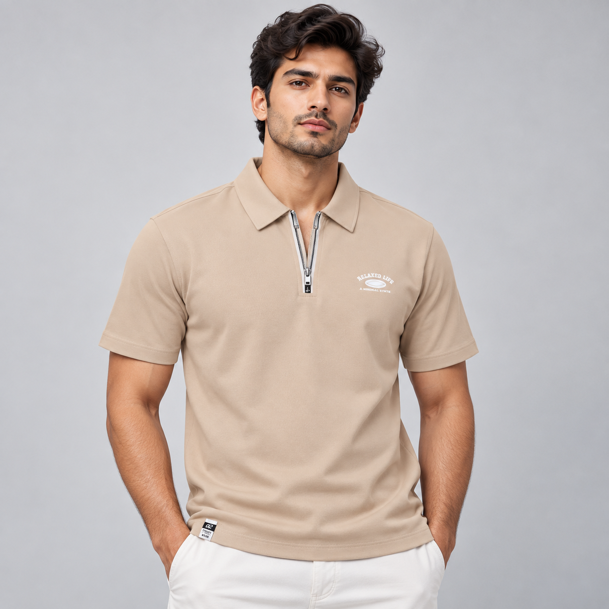 Cookyss Men's Beige Zip-Neck Polo T-Shirt | Refined Casual Wear