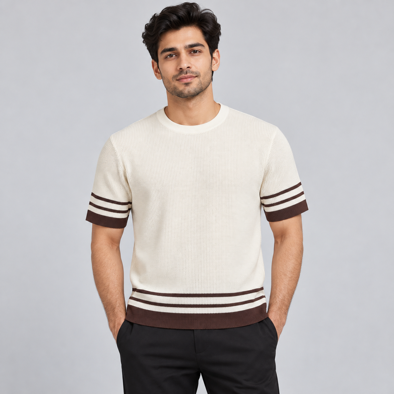 Hibrid Men's Cream and Brown Striped Knit T-Shirt | Retro Casual Style