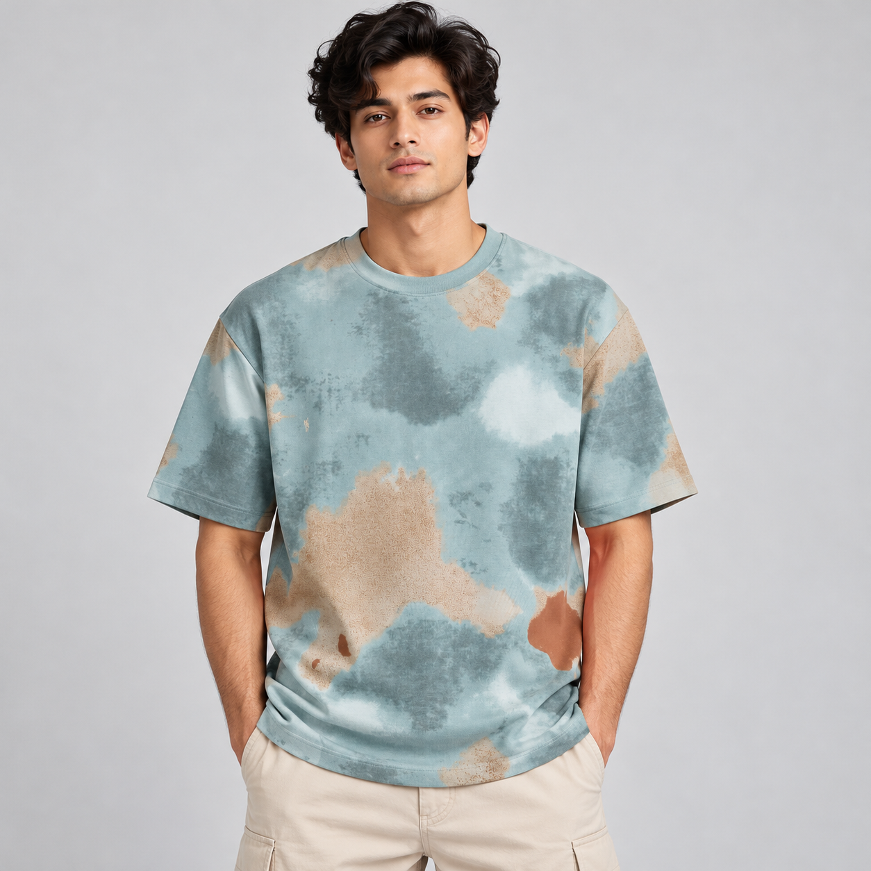 Goofups Tie-Dye Cloud Wash T-Shirt for Men - Sky Blue & Sand