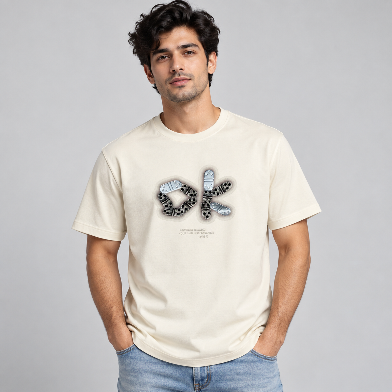 Goofups 'OK' Graphic Print T-Shirt for Men - Cream