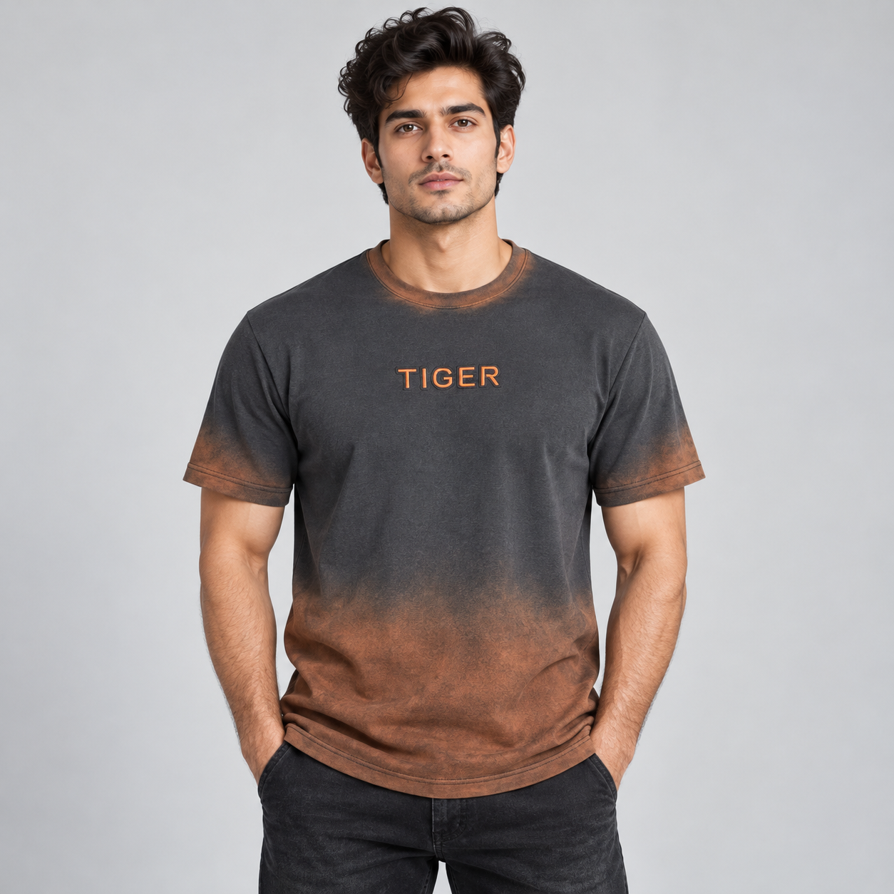 Goofups Tiger Dip-Dye Ombre T-Shirt for Men - Charcoal & Rust